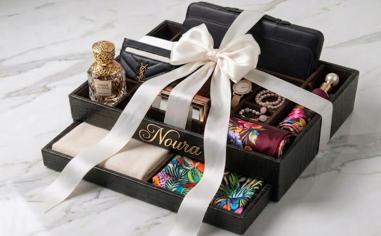 Gift set with jewelry, perfumes, and stationery items on a marble surface
