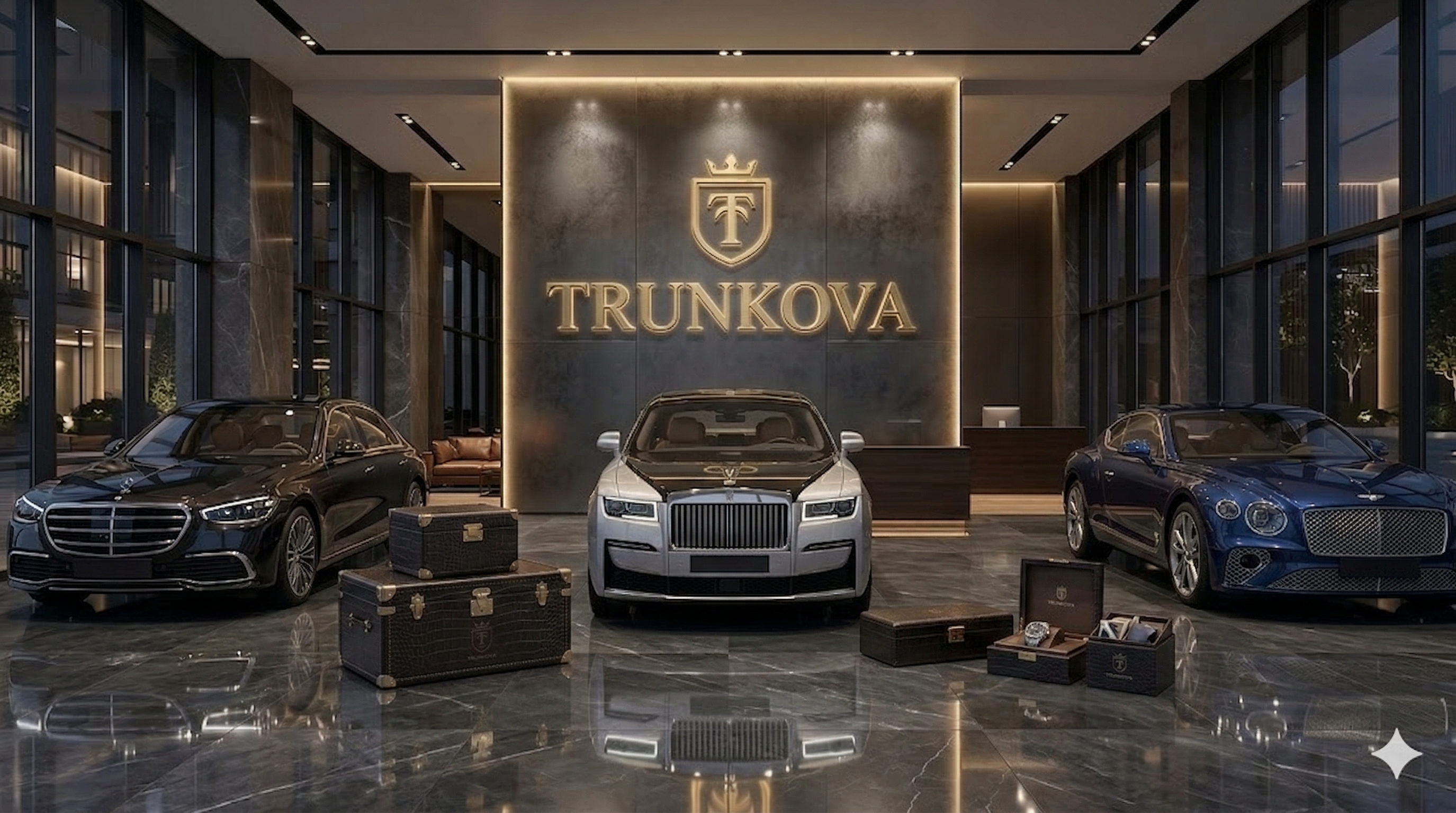 Luxury cars displayed in a showroom with 'Trunkova' branding.