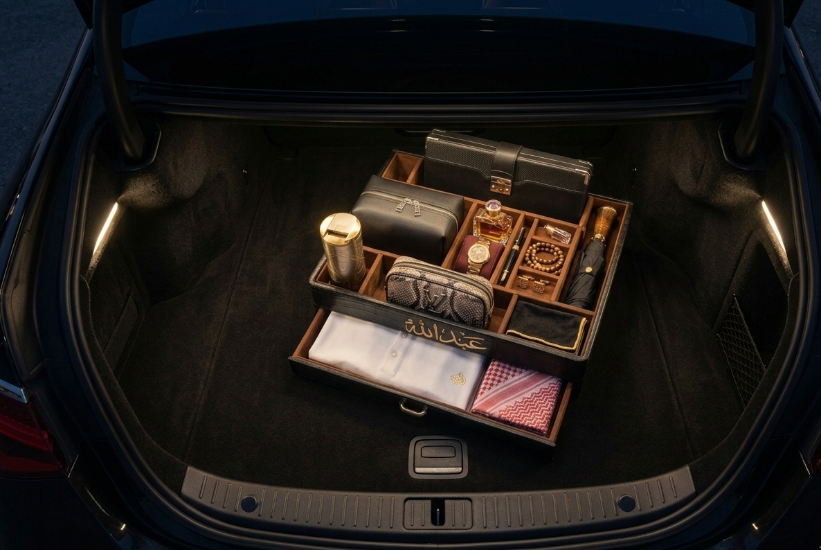 Trunk of a car with a neatly organized set of items including a suitcase, bags, and a deck of cards.