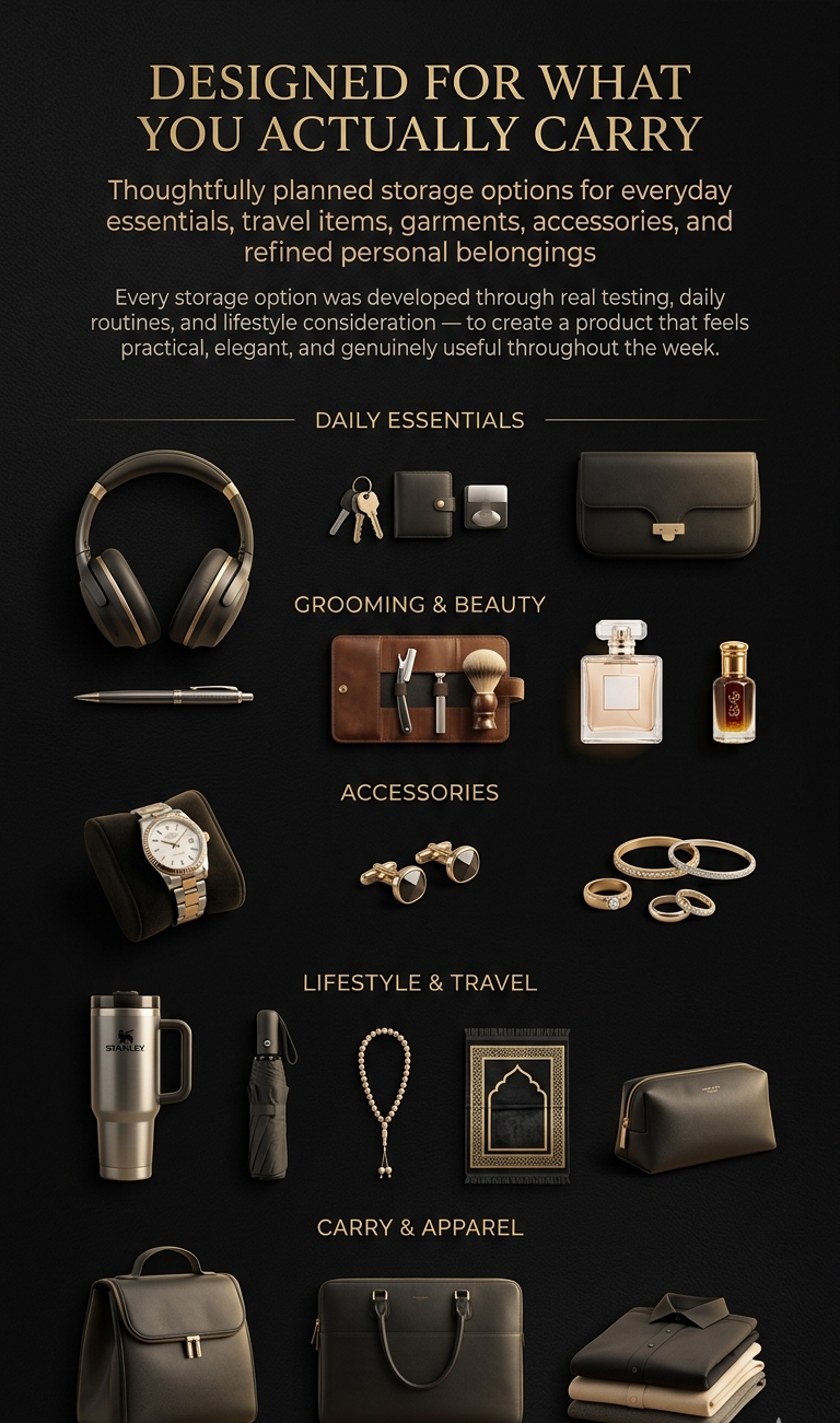 Collection of everyday essentials, grooming items, accessories, lifestyle products, and carry apparel on a dark background.