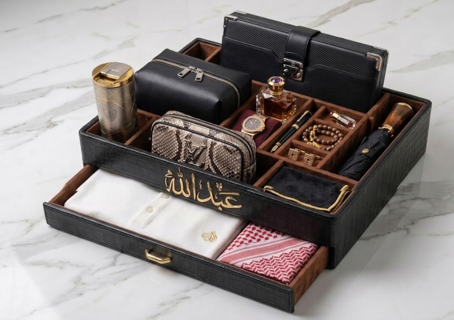 Organized tray with various items including a watch, pen, and small bag on a marble surface.